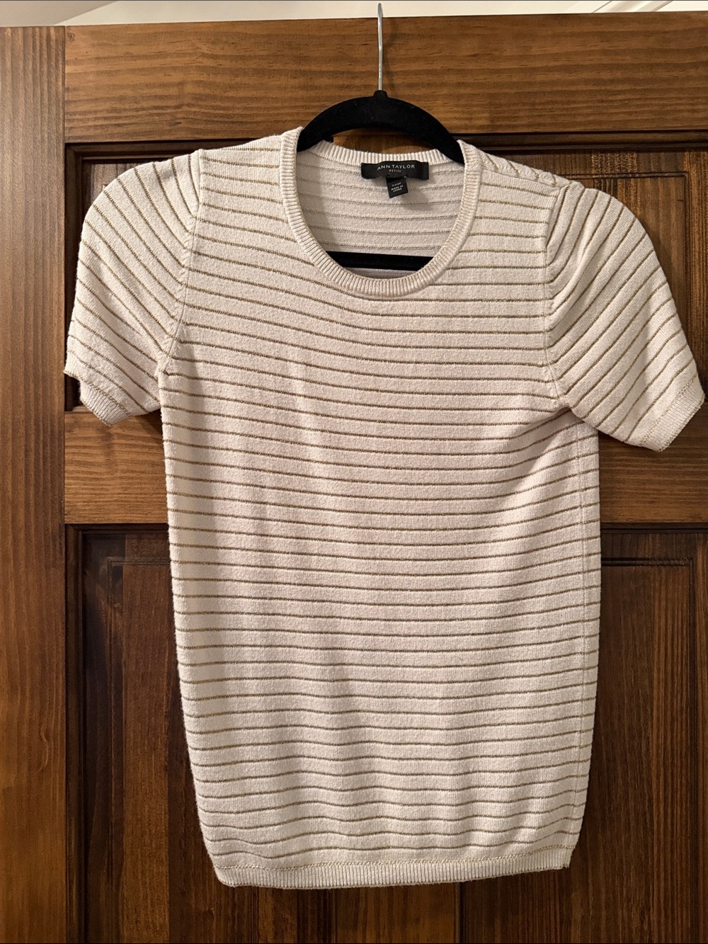 Ann Taylor Cream Short-Sleeve Ribbed Stripe Knit Top